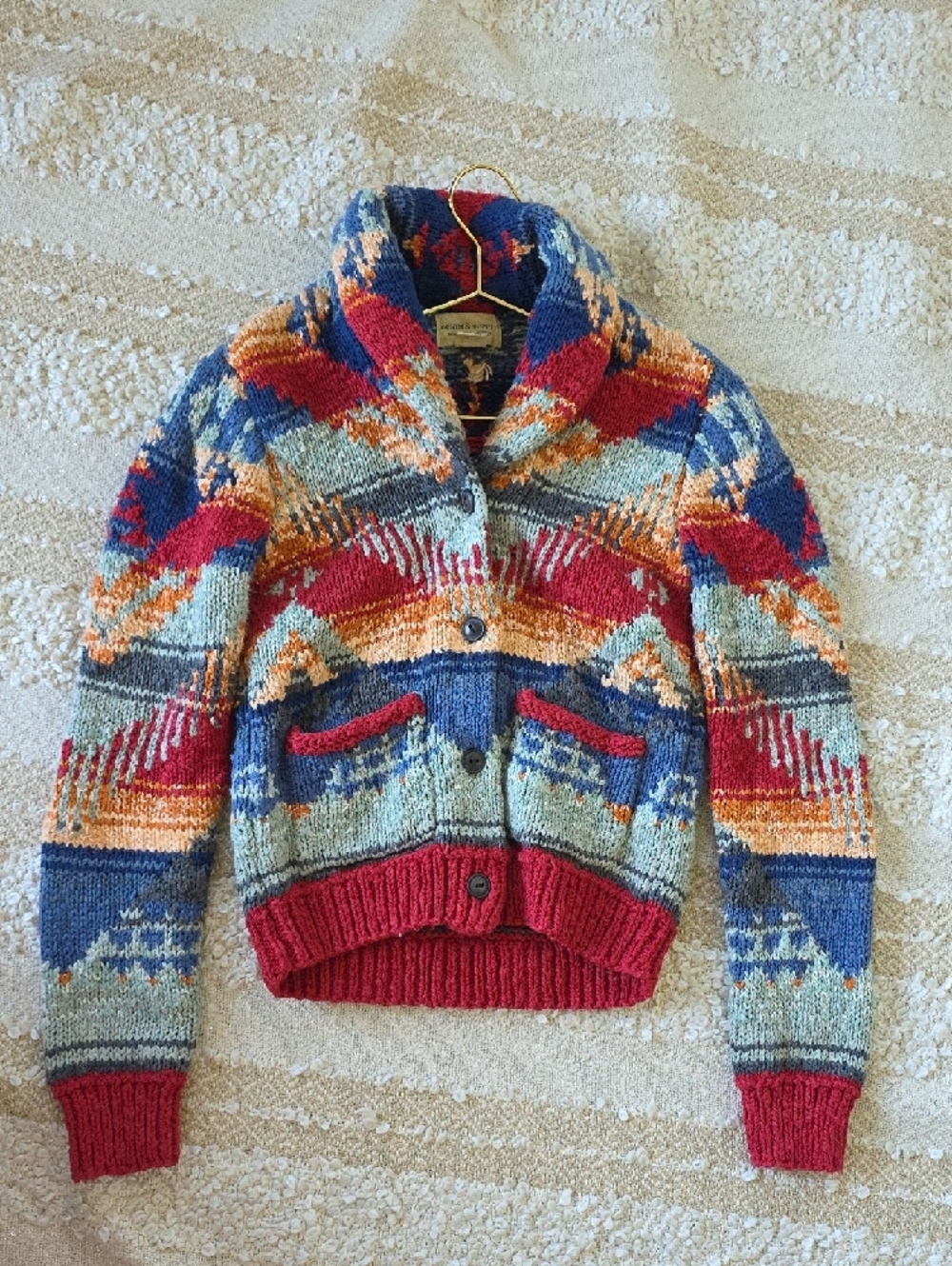 VTG Denim & Supply Ralph Lauren Navy and Red Southwestern Knit Cardigan S Petite - Picture 7 of 16